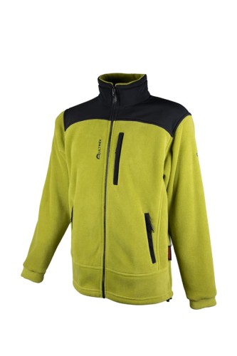 Bluza polarowa męska Polartec Thermal Pro w kolorze pistacjowym, na barkach i łokciach naszywki w kolorze czarnym.