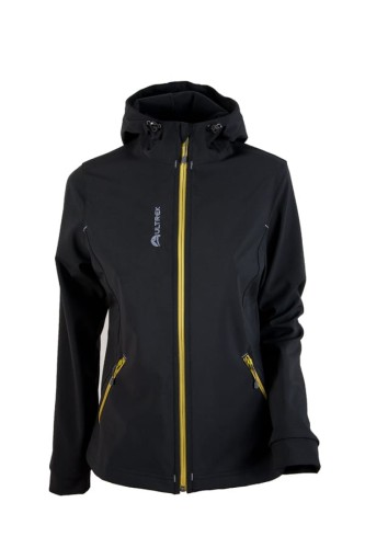 Kurtka softshellowa damska w kolorze czarnym, ze zintegrowanym kapturem.